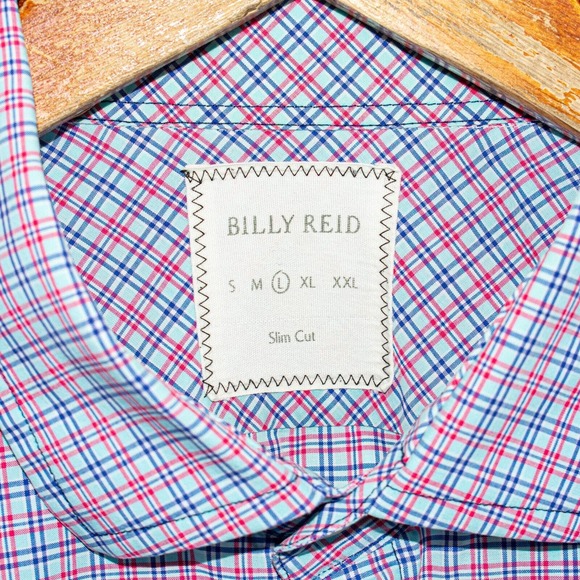 Billy Reid Men's Slim Cut Button up Shirt Blue Red Grid check Size Large - Picture 3 of 5